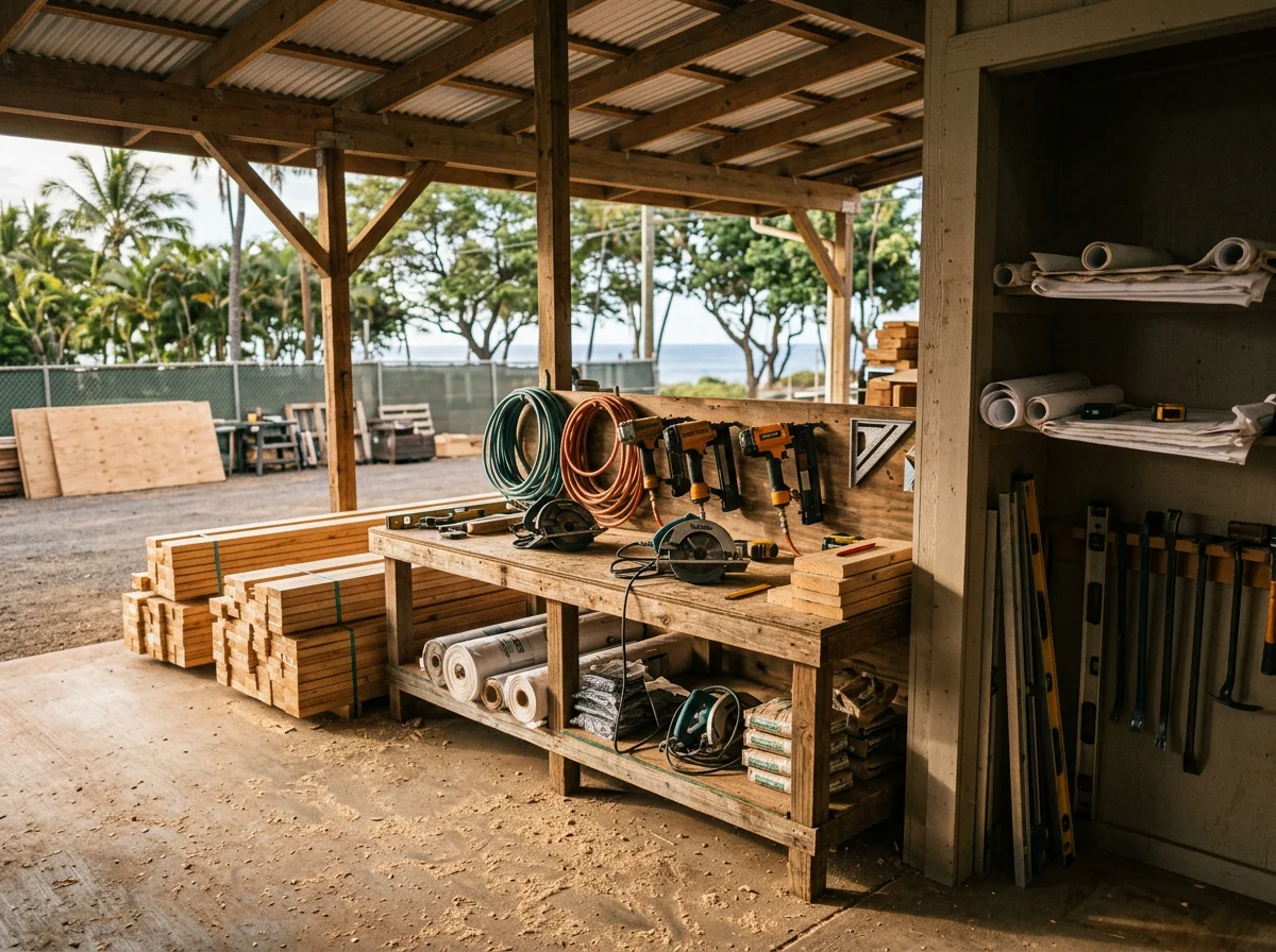 Construction crew and carpentry tools on an active job site, showcasing the skilled trades and equipment used in residential and commercial builds.