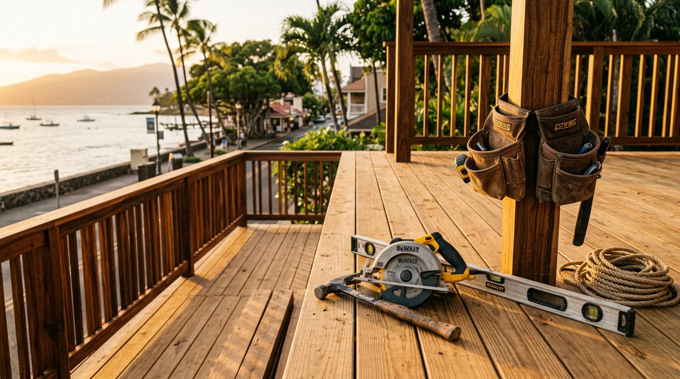 Carpenter installing custom deck railing in Maui
