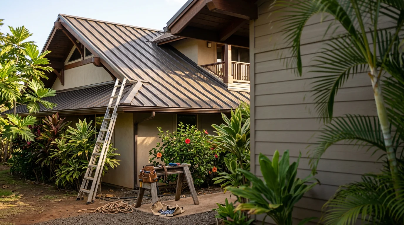 Professional roofer installing new roofing on a Lahaina residential home with ocean view