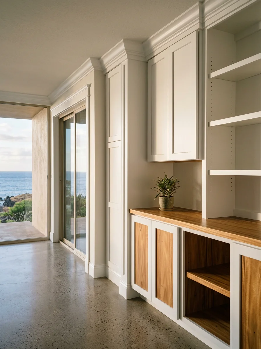 Interior finish carpentry installation inside a Ka'anapali resort-area condo unit, showing trim work and cabinetry detail in a coastal-style renovation.