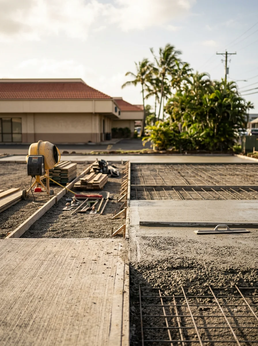 Commercial concrete flatwork installation on a Kahului business corridor lot, showing reinforcement placement and fresh pour on a high-traffic commercial property.