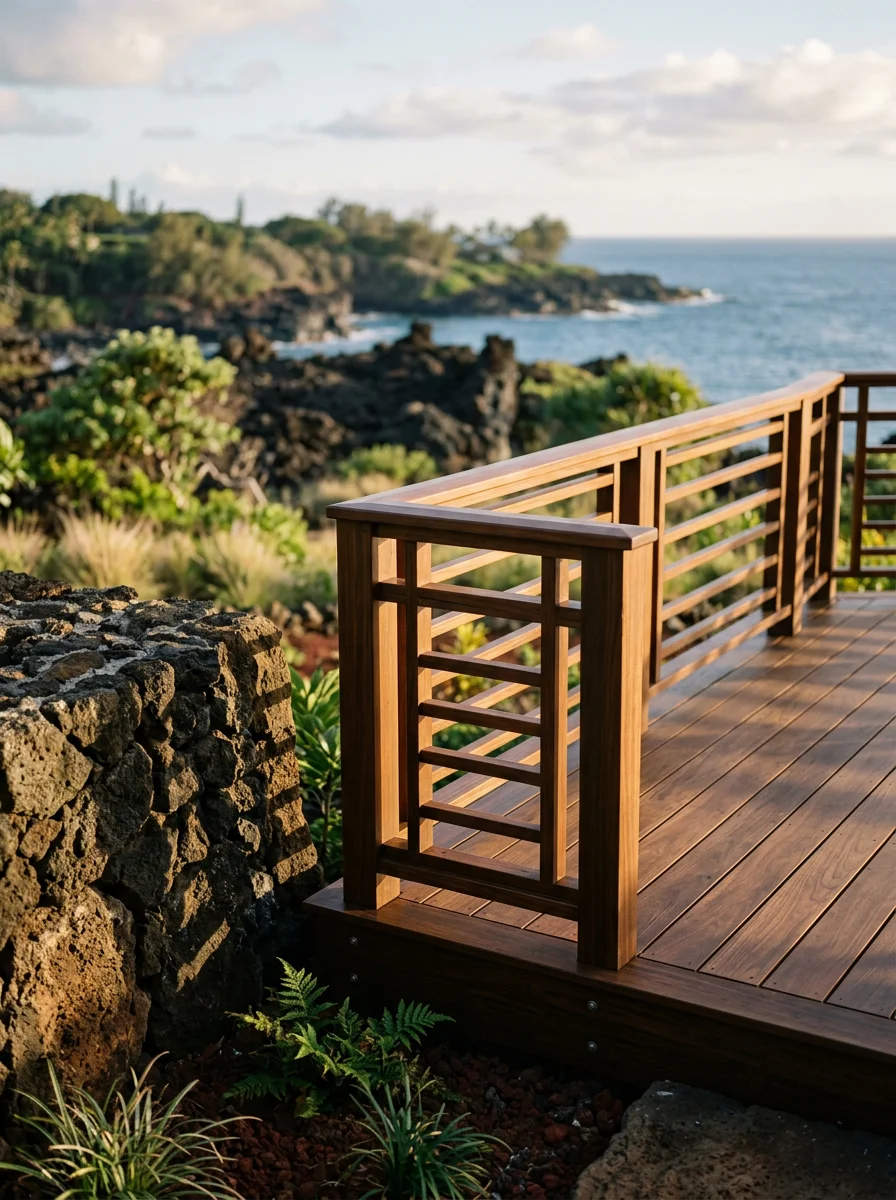 Custom wood deck and railing on Kapalua residential home with volcanic landscape and coastal exposure