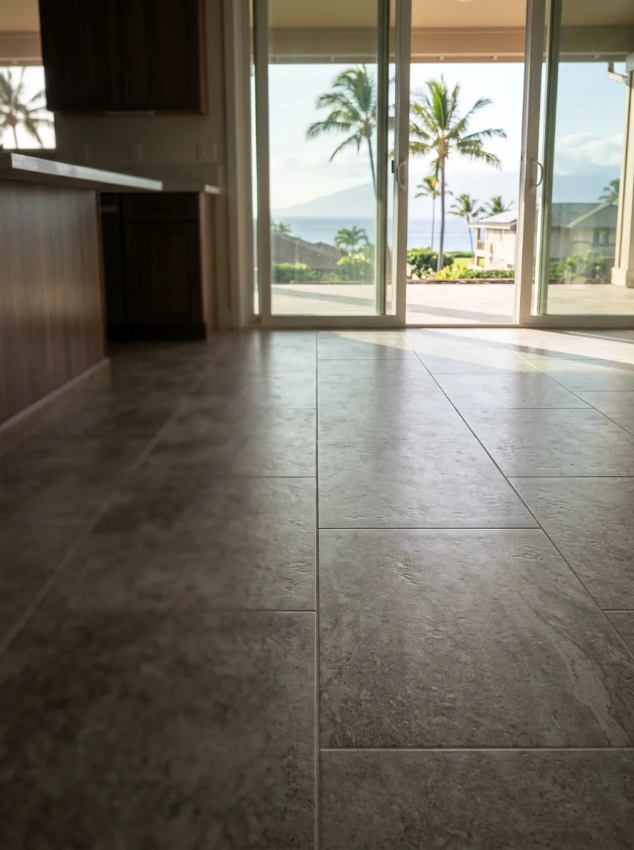 Interior tile installation in a renovated Kihei home, showing floor tile layout in a kitchen with South Maui natural light coming through sliding glass doors.