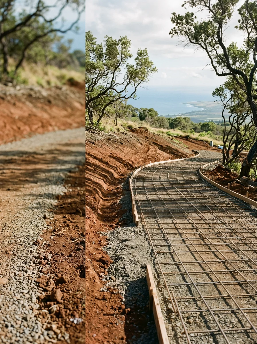 Concrete driveway installation on a sloped Kula property, showing reinforcement placement and drainage grading on a Upcountry Maui agricultural lot with ocean views to the southwest.