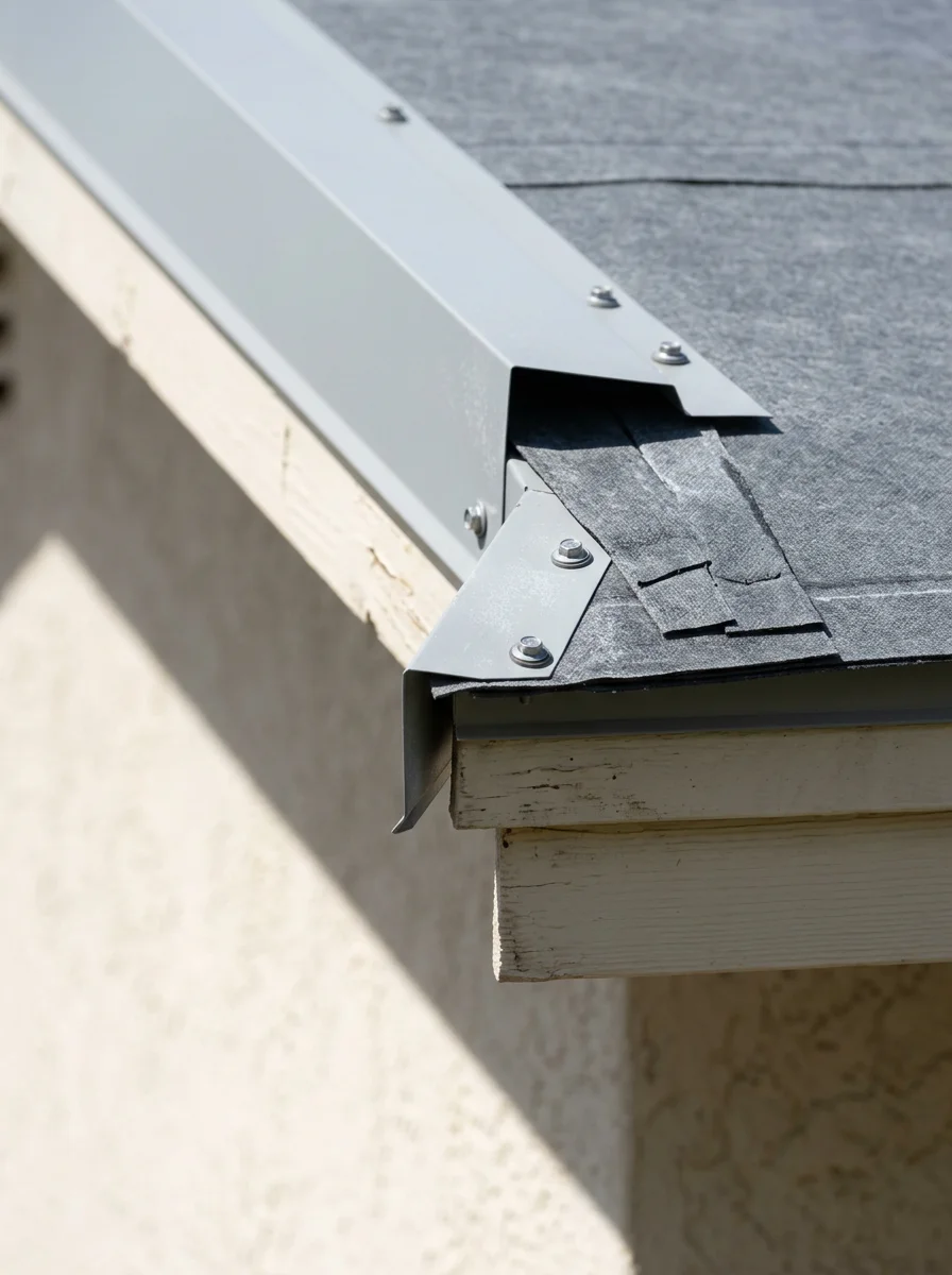 Close-up of coastal-rated roofing installation on a rebuilt Lahaina home, showing corrosion-resistant metal flashing and underlayment along the eave line.