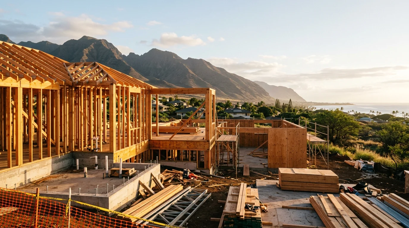 Residential rough framing under construction in Lahaina's Wahikuli neighborhood, with the West Maui Mountains visible in the background and the Pacific Ocean beyond the build site.
