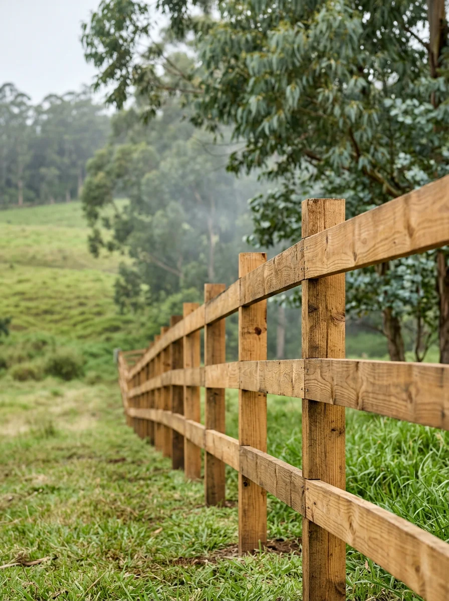 Wood fencing installation on a Makawao residential property at 1,600 feet elevation, with the green Upcountry landscape and eucalyptus trees visible behind the fence line.