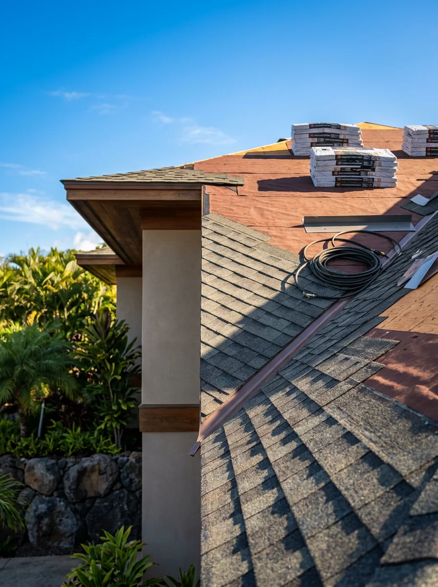 Roofing installation on a Wailea resort-adjacent residential property, showing UV-rated shingle system application on a South Maui home with clear blue sky and intense afternoon sun.