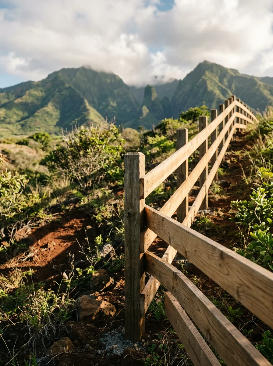 Wood fence installation on a hillside Wailuku residential lot, with the West Maui Mountains and Iao Valley visible in the background.