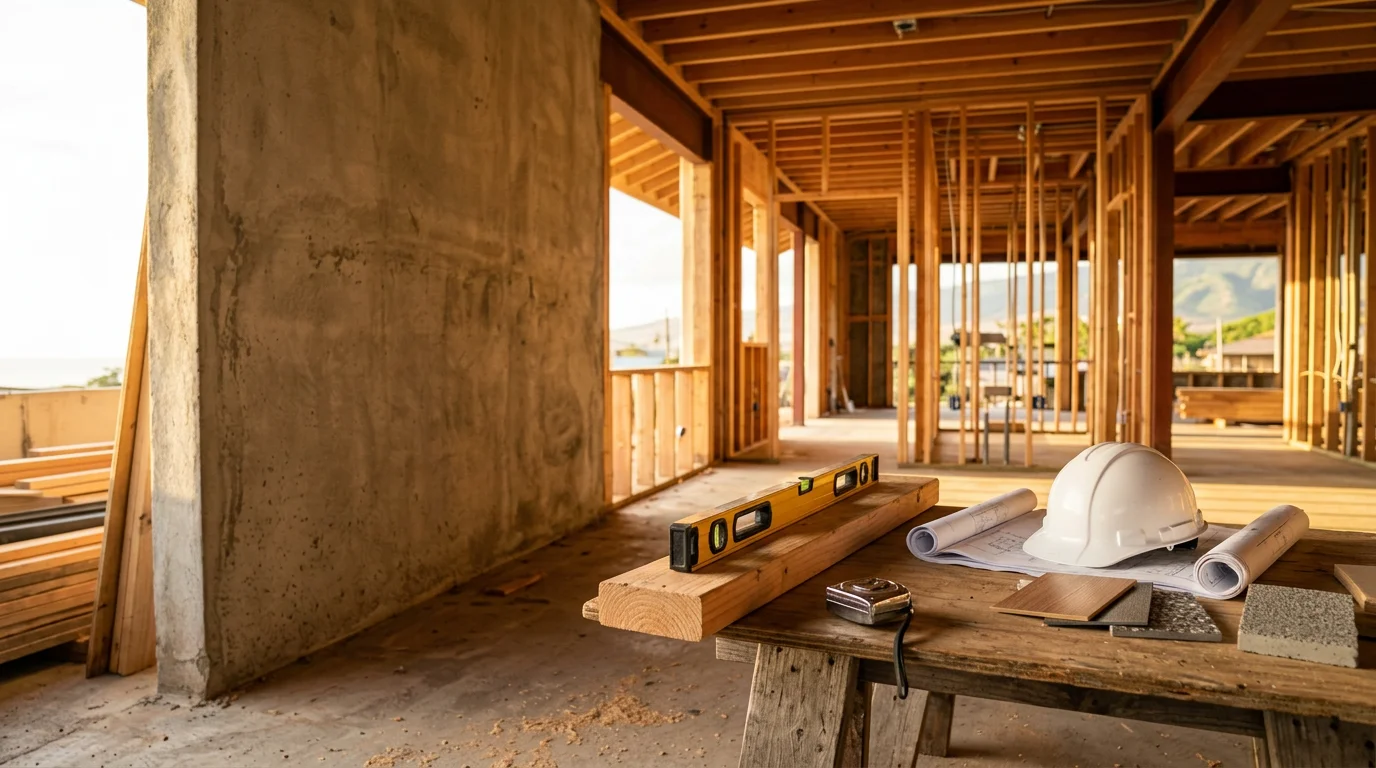 A commercial building under active construction in Lahaina, Maui, with framing and structural work visible against a West Maui backdrop. A general contractor crew works on the build site as part of a ground-up commercial project.