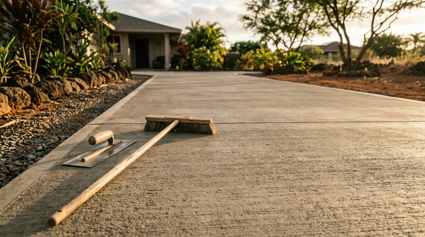 Freshly poured and finished concrete driveway at a residential property in Lahaina, Maui, with a smooth broom finish and clean edges along a landscaped entry. The driveway leads directly to a single-family home with West Maui hillside visible in the background.