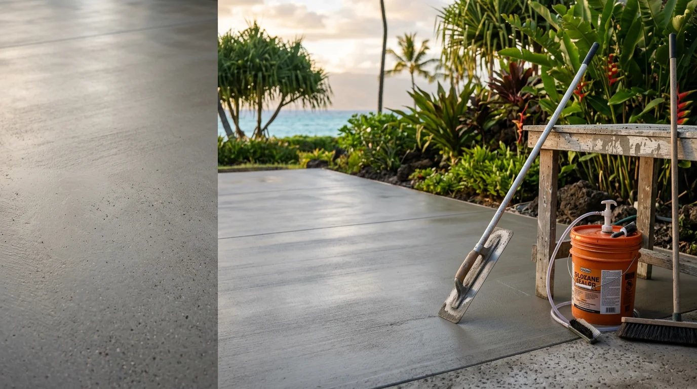 A freshly finished concrete lanai surface at a West Maui residential property, showing a smooth trowel finish with clean edges along an outdoor living area in Lahaina.