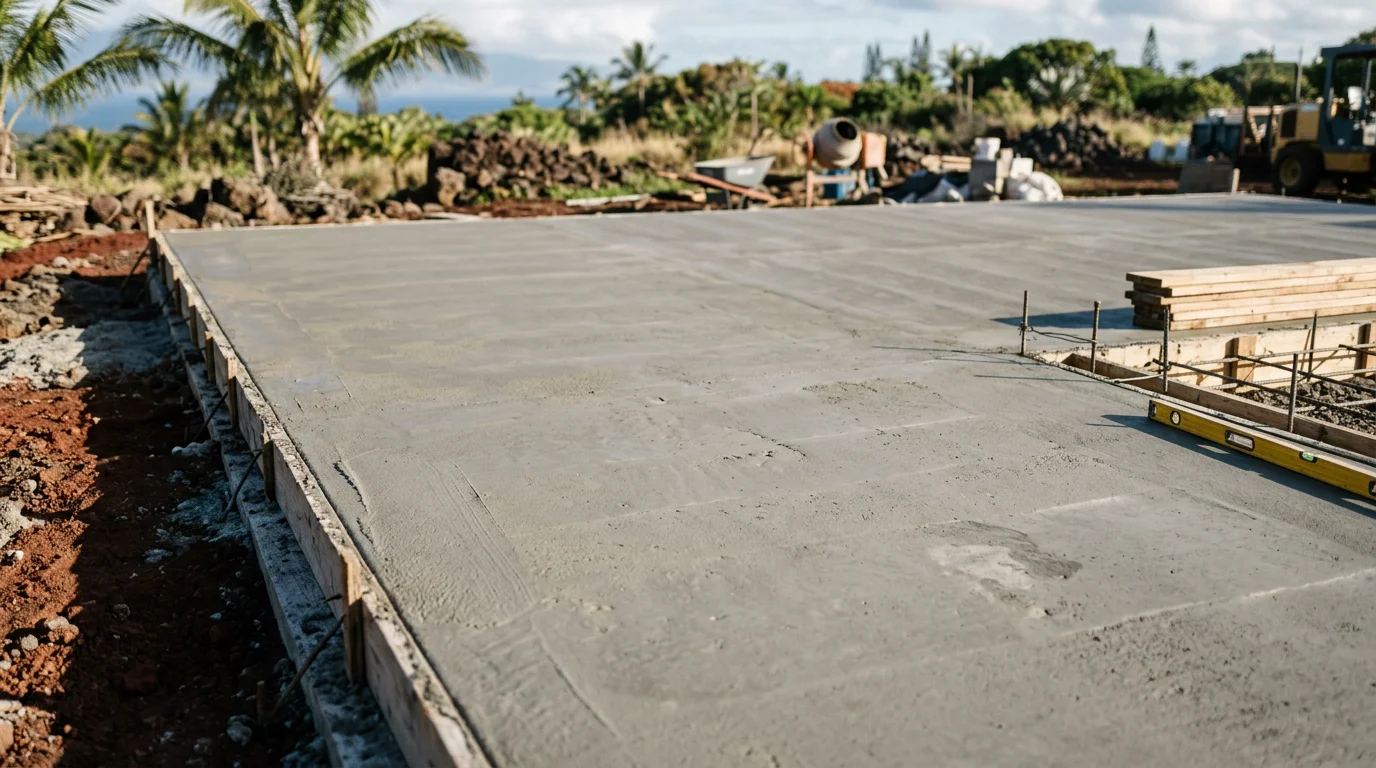 Freshly poured and formed concrete foundation slab at a residential construction site in Lahaina, Maui, with rebar reinforcement visible and West Maui mountains in the background. The site shows compacted subgrade and clean concrete edges ready for framing.