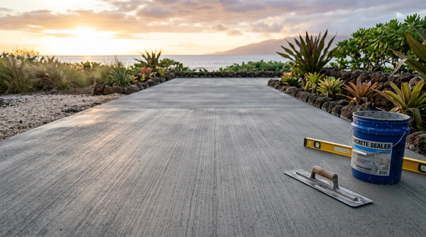 A freshly poured and finished concrete patio behind a residential home in Lahaina, Maui, with a smooth surface ready for outdoor furniture and surrounded by tropical landscaping.