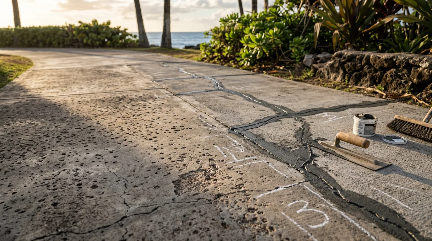 Repaired concrete walkway surface at a residential property in Lahaina, Maui, showing sealed cracks and a smooth, even finish. Coastal vegetation and a clear sky are visible in the background.