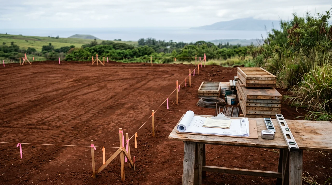 A general contractor overseeing active county construction work on a public facility site in Lahaina, Maui, with framing and site work visible under a clear West Maui sky.