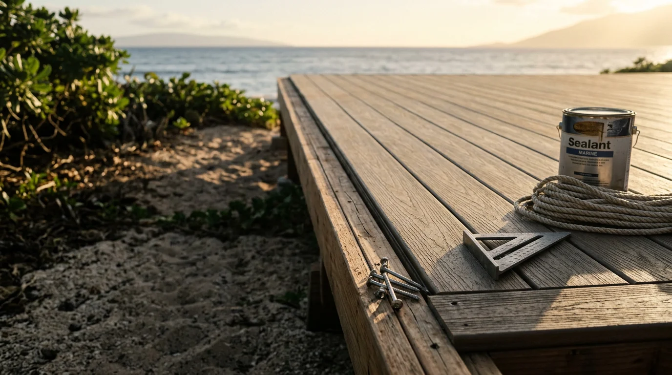 A finished custom wood deck attached to a single-family home in Lahaina, Maui, with open views of the surrounding landscape. The deck features clean board lines, a built-in railing, and a shaded seating area suited to outdoor living in a coastal Hawaiian climate.