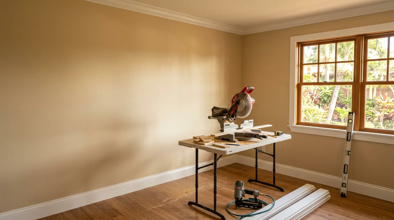 Finished interior trim installation in a Lahaina home showing tight crown molding joints at ceiling corners and clean baseboard runs along painted walls. Close detail of door casing mitered at precise angles with no visible gaps.