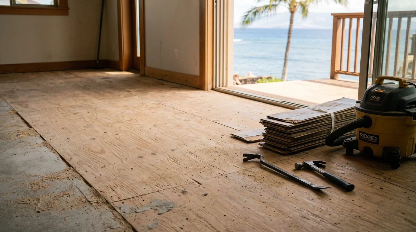 Freshly replaced flooring installed in a Lahaina home with clean seams and smooth transitions throughout the main living area. A Hartman Pacific Construction flooring replacement project completed on Maui's west side.