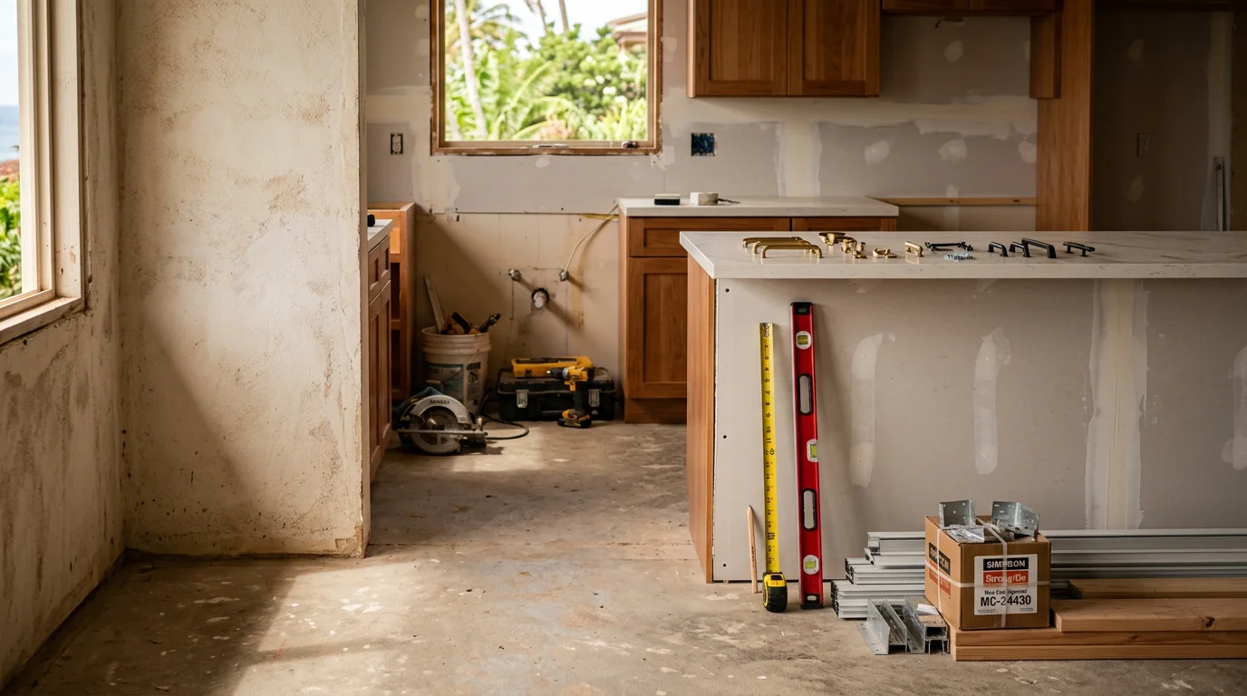 A renovated kitchen interior inside a Lahaina home, featuring updated cabinetry, fresh finishes, and natural light typical of West Maui residential construction. The space reflects a complete transformation from an older island-built layout to a modern, functional living area.