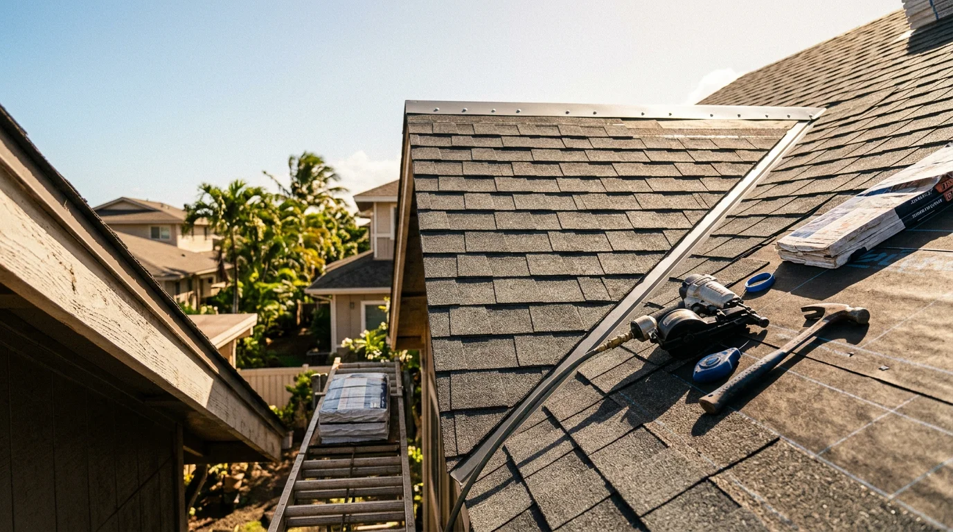 A completed residential roof installation on a single-family home in Lahaina, Hawaii, with the West Maui Mountains visible in the background. The finished roof shows clean ridge lines and properly seated edges suited to the coastal environment.