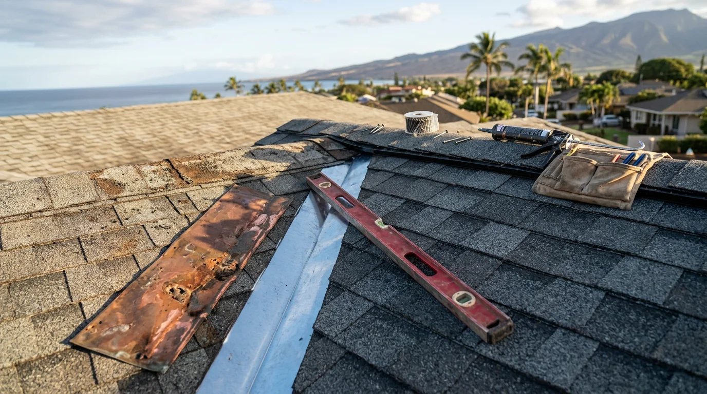 A repaired residential roof on a home in Lahaina, Maui, showing restored flashing and intact roofing sections against a coastal West Maui backdrop. Close detail of sealed roof edges and drainage areas following a professional repair by Hartman Pacific Construction.