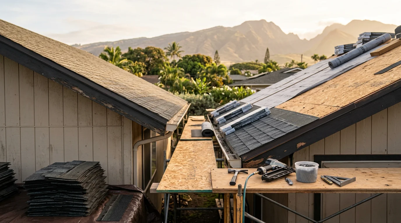 A completed residential roof replacement on a single-family home in Lahaina, Hawaii, with the West Maui Mountains visible in the background. New roofing covers the full structure, with clean ridge lines and finished flashing details visible along the edges.