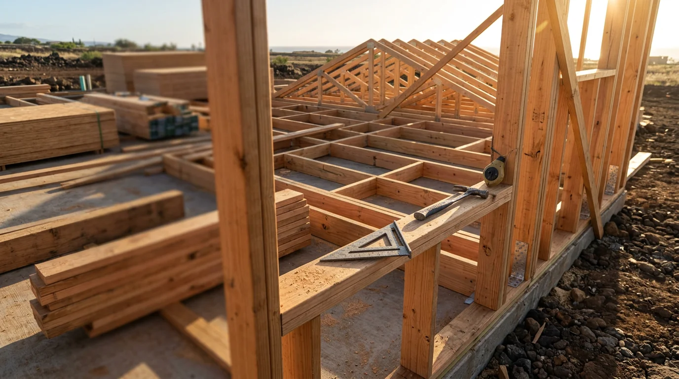 Rough wood framing of a residential structure under construction in Lahaina, Maui, showing wall studs, floor joists, and open roof structure against a clear sky. A carpenter inspects a load-bearing wall section on a West Maui job site.
