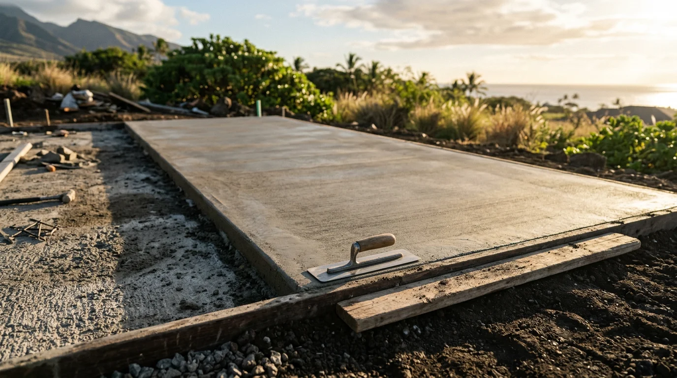 Freshly poured and finished concrete flatwork on a residential site in Lahaina, Hawaii, with sloped terrain visible in the background. The concrete surface shows clean edges and a smooth finish typical of site preparation work in West Maui.
