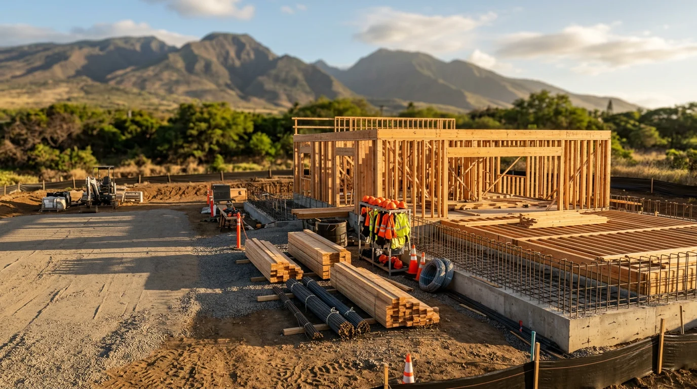 A general contractor overseeing active state project construction work on a public facility in Lahaina, Maui, with framing and site preparation visible in the foreground.