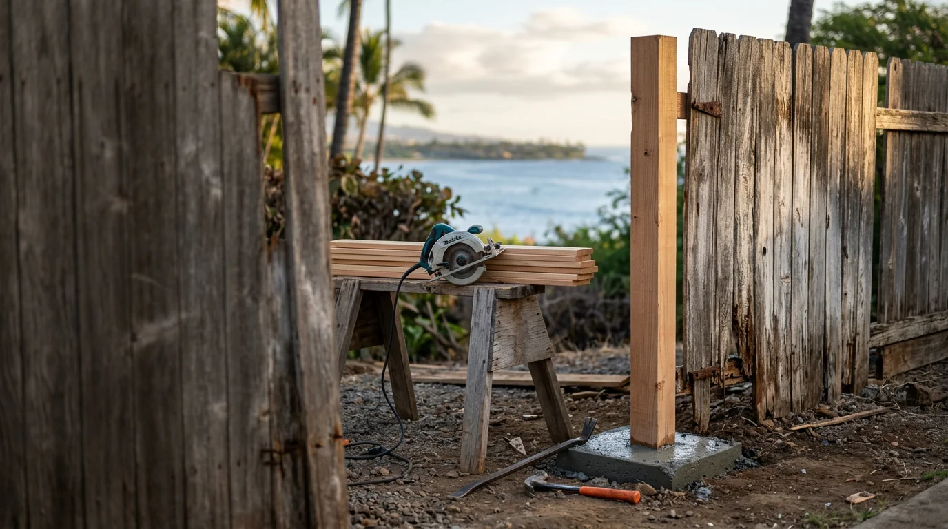 A repaired wood fence along a residential property in Lahaina, Maui, with replaced boards and reset posts showing clean, solid construction. The fence stands straight against a backdrop of tropical landscaping typical of West Maui homes.