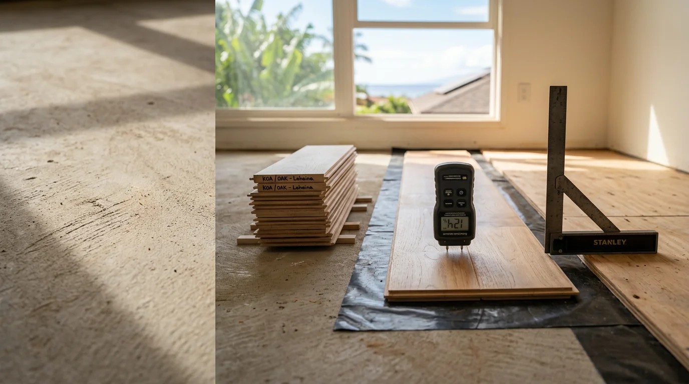 Freshly installed wood flooring in a Lahaina, Maui home with natural light highlighting the grain and finish. A carpenter's tools rest near the wall as the final planks are set into place.